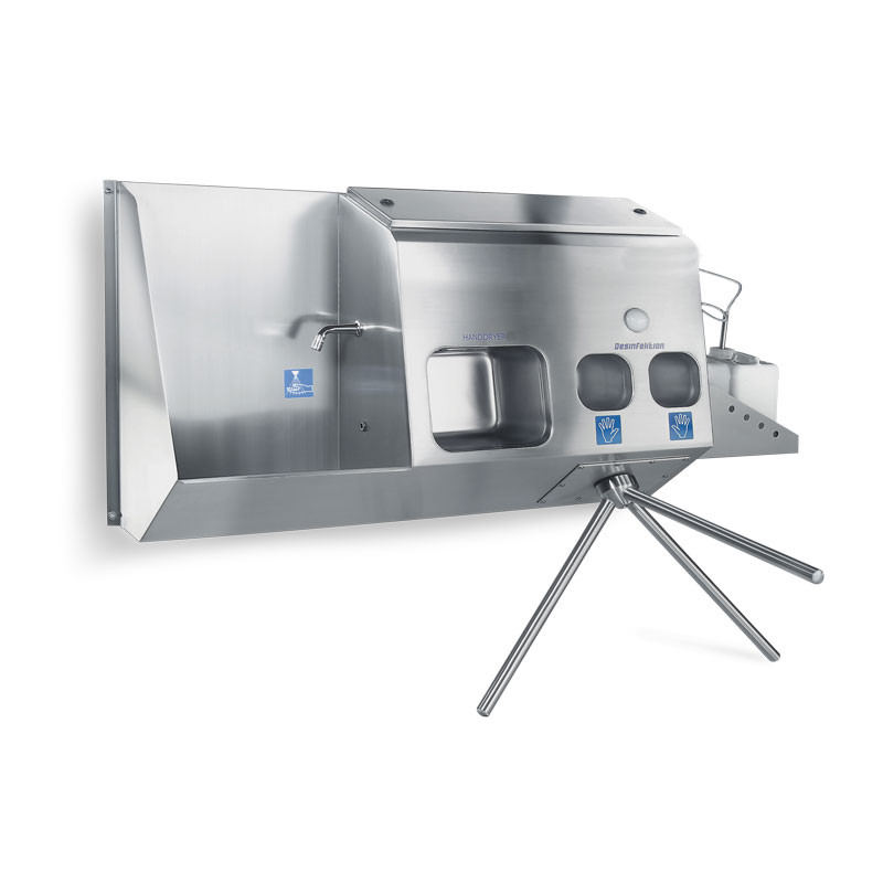 Inlet control with hand sink and dryer and disinfection Inlet control with hand sink and dryer and disinfection with easy-to-use two-hand disinfectant