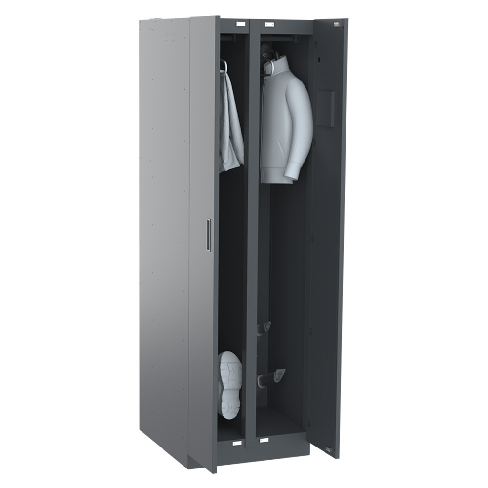 Der Trockenschrank Arbeitskleidung 2x1 Warmluft wurde speziell f�r die Einzelnutzung entwickelt und bietet Platz f�r eine vollst�ndige Garnitur Arbeits- und Einsatzkleidung; bestehend aus Jacke, Hose, Schuhen, Stiefeln und Handschuhen.