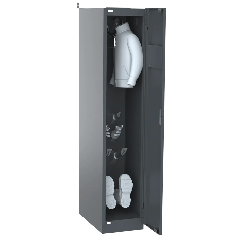 Er trocknet 2 komplette Garnituren inklusive Schuhe und Handschuhe mit Warmluft und ist per Timer sowie 7-Tage-Wochenplan steuerbar.