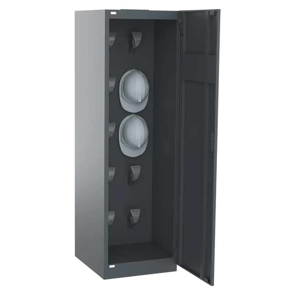 Im Schrank finden bis zu 10 Helme unterschiedlicher Typen Platz, darunter Motorrad-, Mountainbike- und Arbeitsschutzhelme.